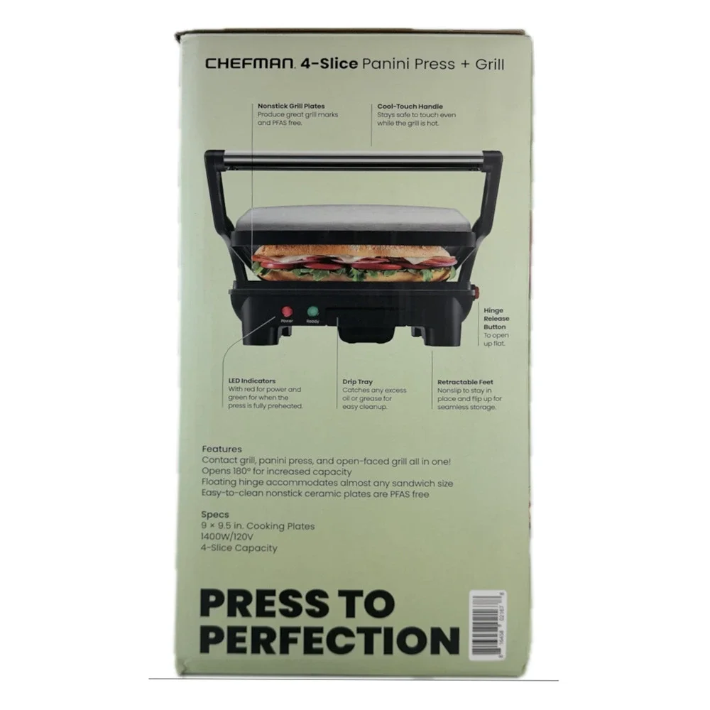 Chefman 4-Slice Panini Press Grill Gourmet Sandwich Maker 180 Deg New Open Box